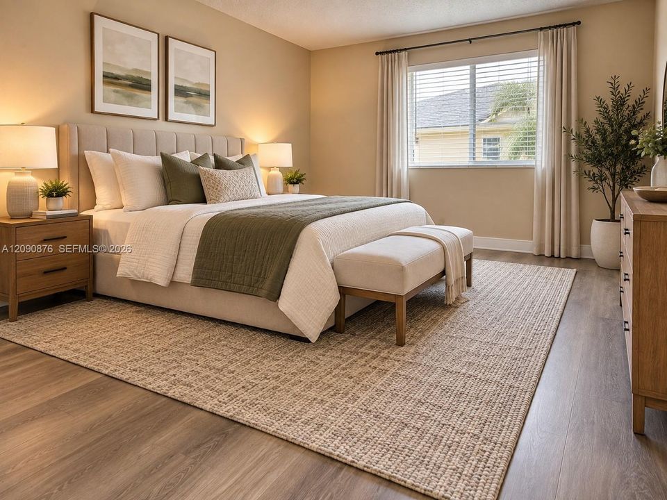 Laminate wood-finish flooring, neutral wall tones, and a window with blinds and drapes