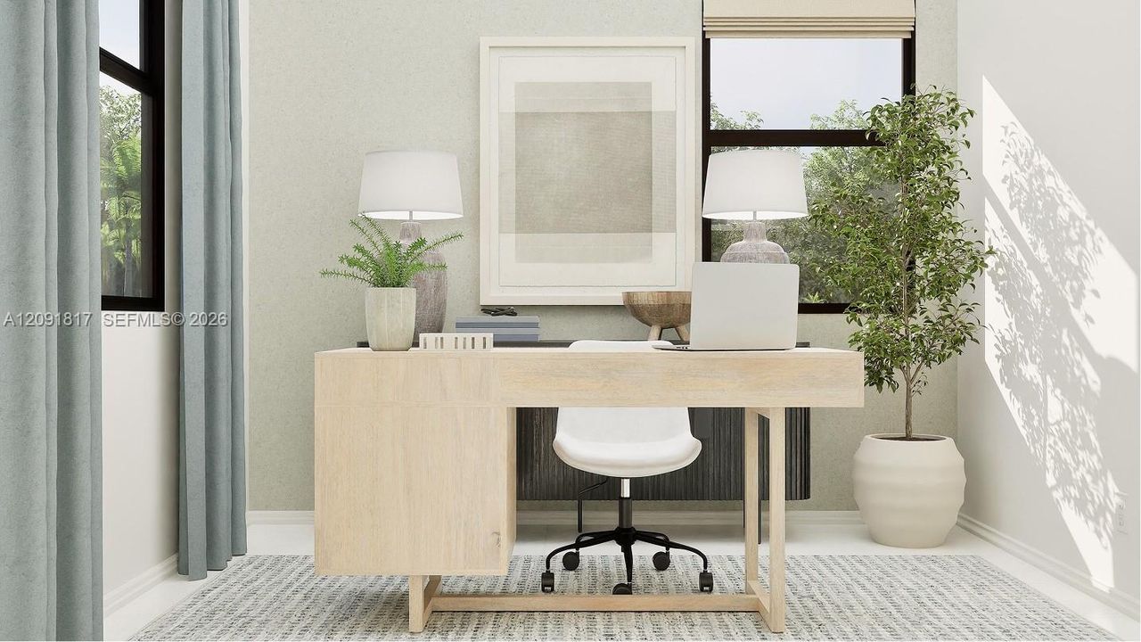 This bedroom boasts a flexible location on the first floor, perfect for a guest suite or home office, as shown here.
