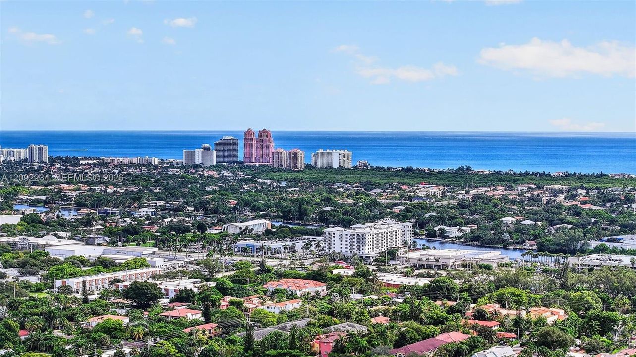 Aerial Drone View from above the Townhouse to the Beach, which is only 1.8 miles Straight down Sunrise Blvd to the Ocean.