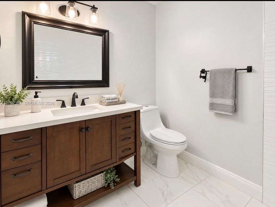 VIRTUAL STAGED - Upstairs bath with tub/shower .