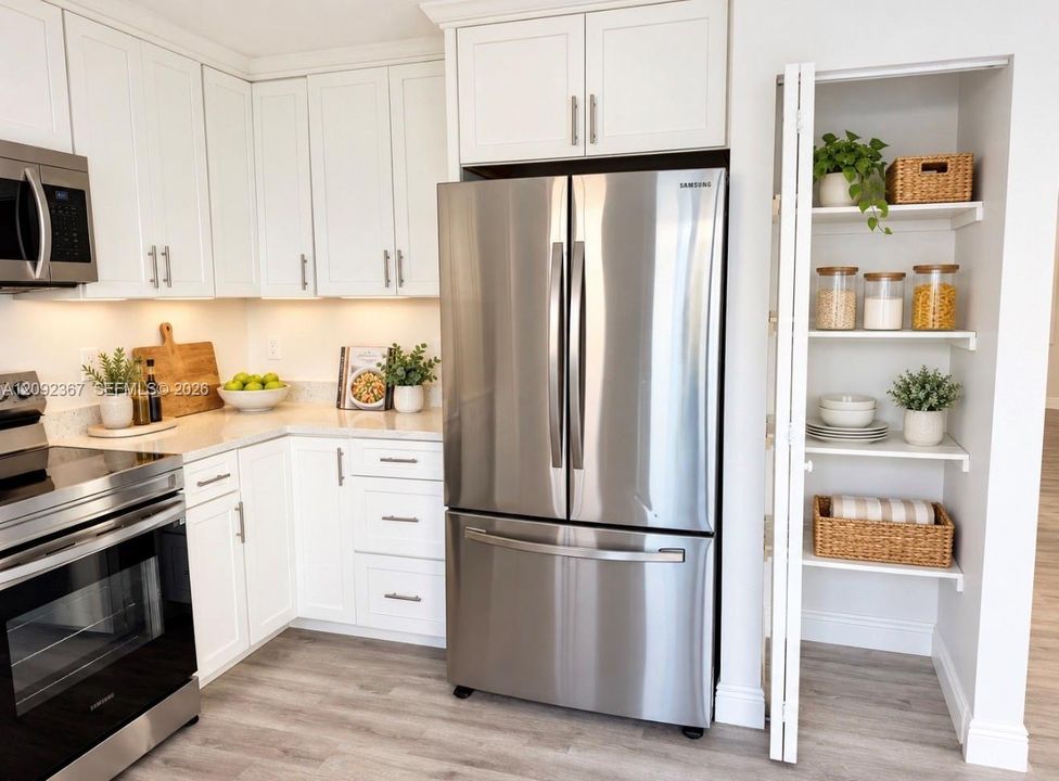 VIRTUAL STAGED - Kitchen and Pantry.
