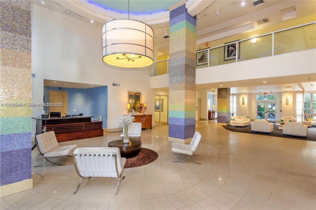 Impressive 2-story main lobby attended 24/7.