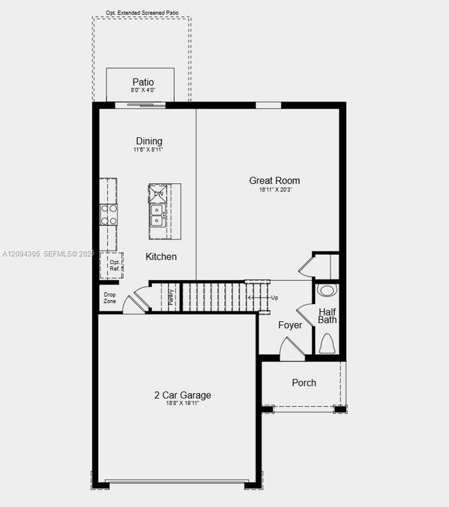 First Floor Plan - Additional Highlights Include: GE refrigerator, laundry appliance package, extended flooring on first floor, window blinds throughout, and vertical blinds on the sliding doors
