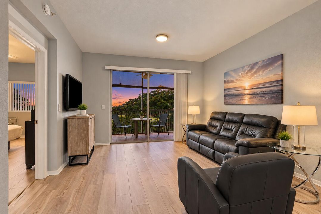 Modern Living Room with Balcony Twilight
