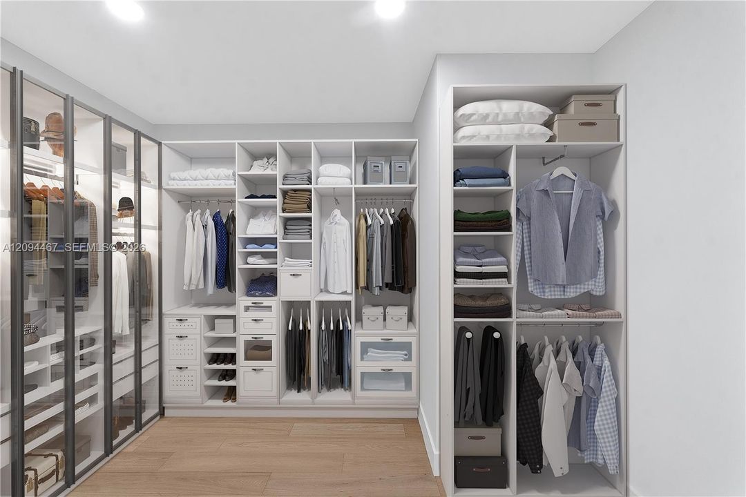 Second floor hallway and his & her closets on left and right