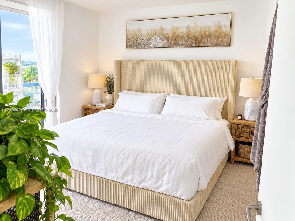 Neutral carpeting and floor-to-ceiling glass door providing natural light
