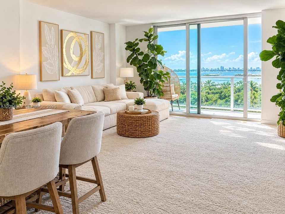 Floor-to-ceiling glass sliding doors, private balcony with glass railing, and expansive water and coastal skyline scenery