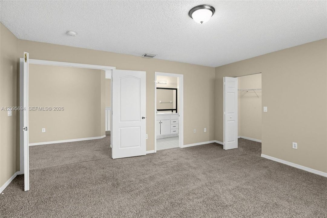 Room featuring neutral wall tones, carpeted flooring, a dome-style flush mount light fixture, interior doors with arched-top panel detailing, and a walk-in closet