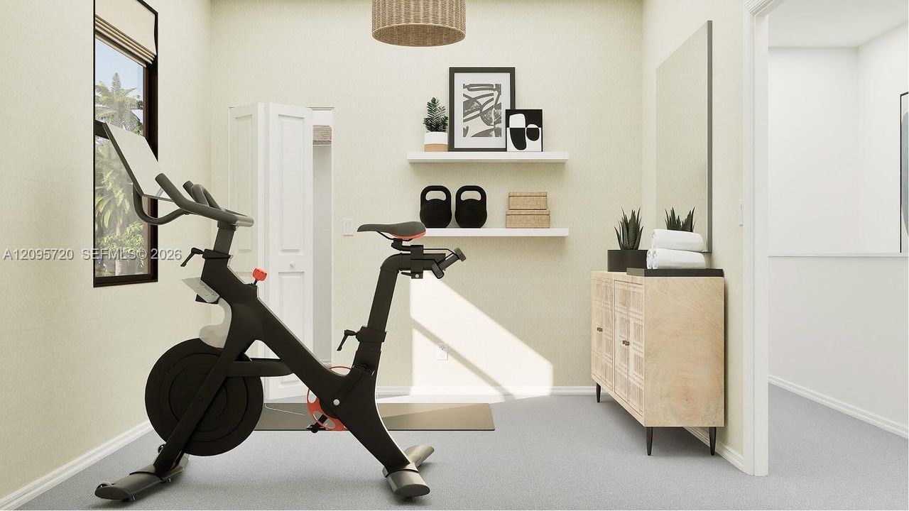 Any of the bedrooms can be used as an exercise room, as shown here.