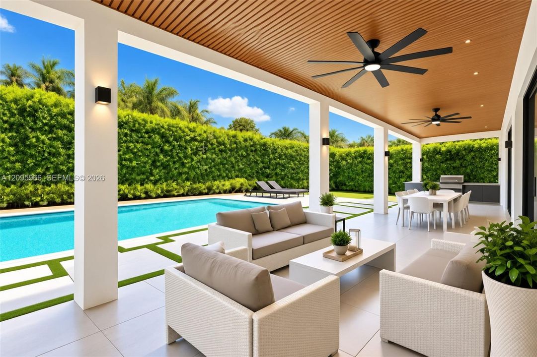 Covered outdoor living area featuring a tongue-and-groove wood-finish ceiling, recessed lighting, ceiling fans, built-in outdoor kitchen, and large-format tile flooring