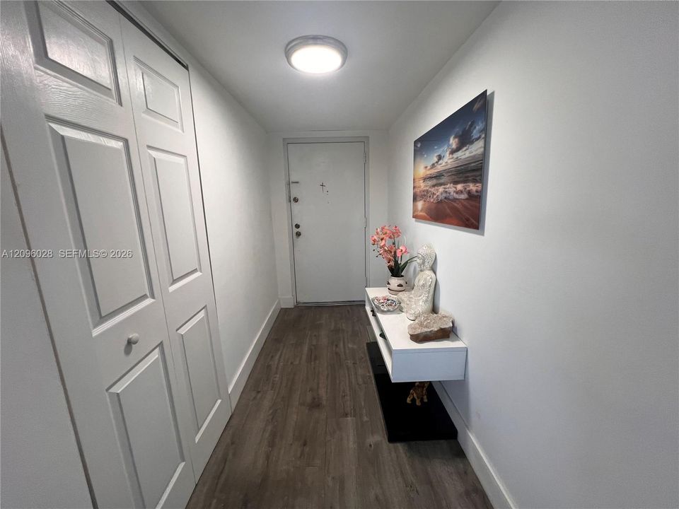 Entryway featuring wood-finish flooring, white paneling on the interior doors, and a flush-mount ceiling light