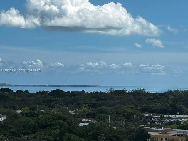 Elevated horizon featuring expansive ocean waters, a coastal shoreline, and lush tree canopy