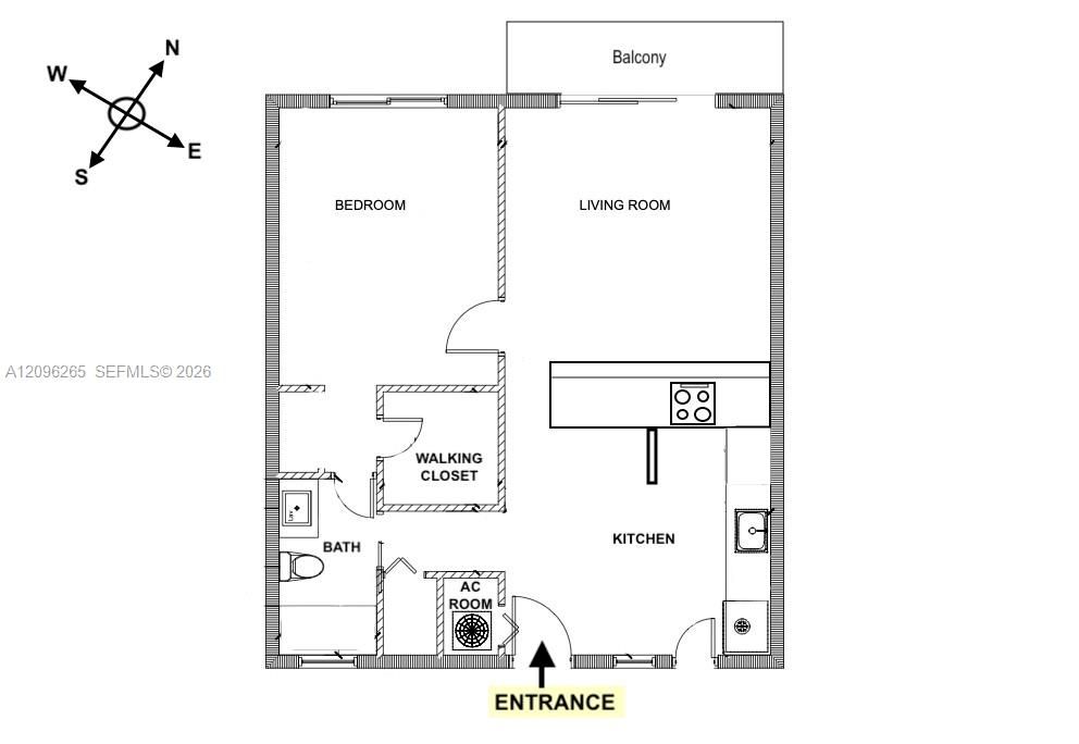 Functional and spacious floor plan layout for the 1-bedroom, 1.5-bath residence.