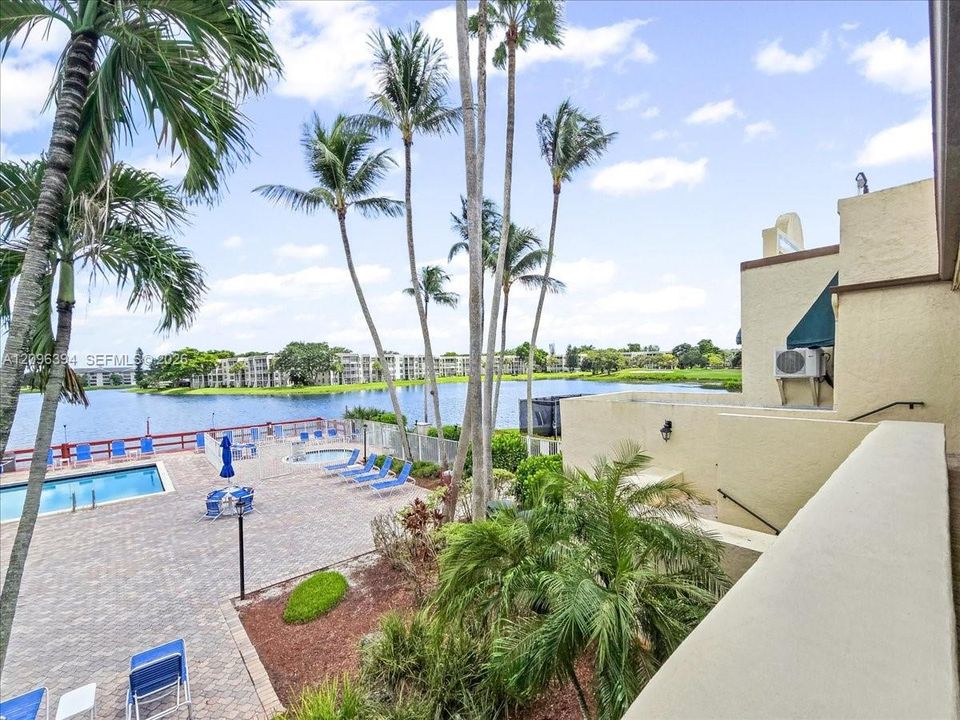 Patio featuring stone-paver decking, swimming pool, in-ground spa, mature palm trees, and water frontage