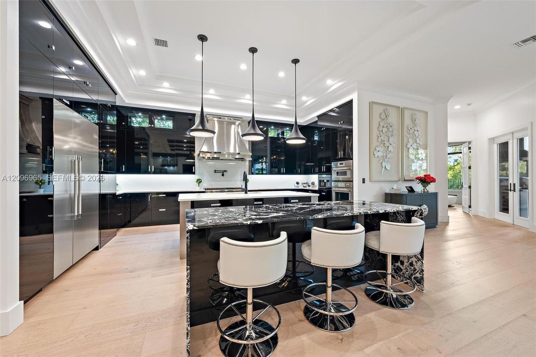 Kitchen featuring high-gloss black cabinetry, wood-finish flooring, a waterfall-edge stone island, stainless steel appliances, and tiered tray ceiling lighting