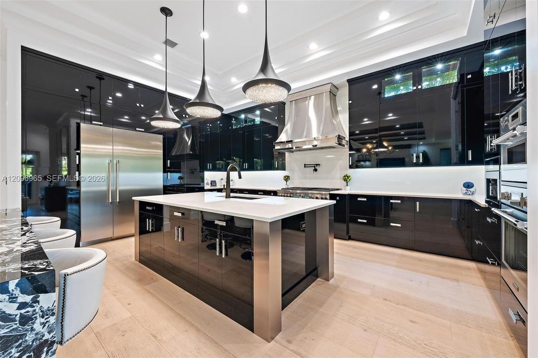 High-gloss black cabinetry, expansive central island with quartz countertop, professional-grade stainless steel appliances, recessed ceiling lighting, and wood-finish flooring