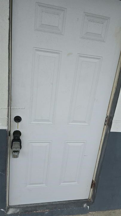 Six-panel white door with dual deadbolt and keyless entry hardware