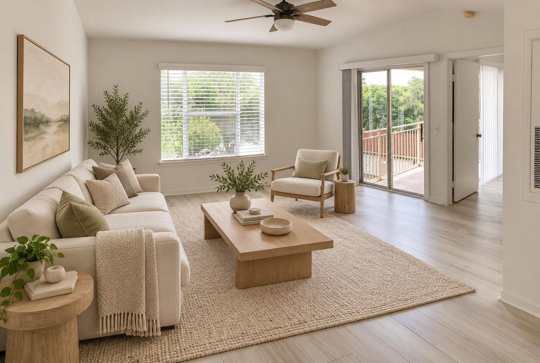 Warm modern living room with balcony