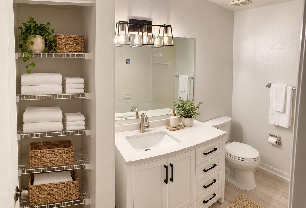 Warm modern bathroom staging