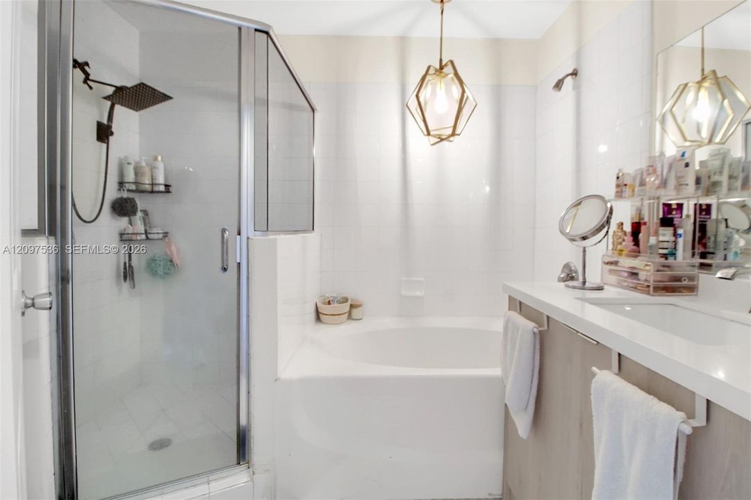Stand in shower and soaking tub in primary en-suite bathroom