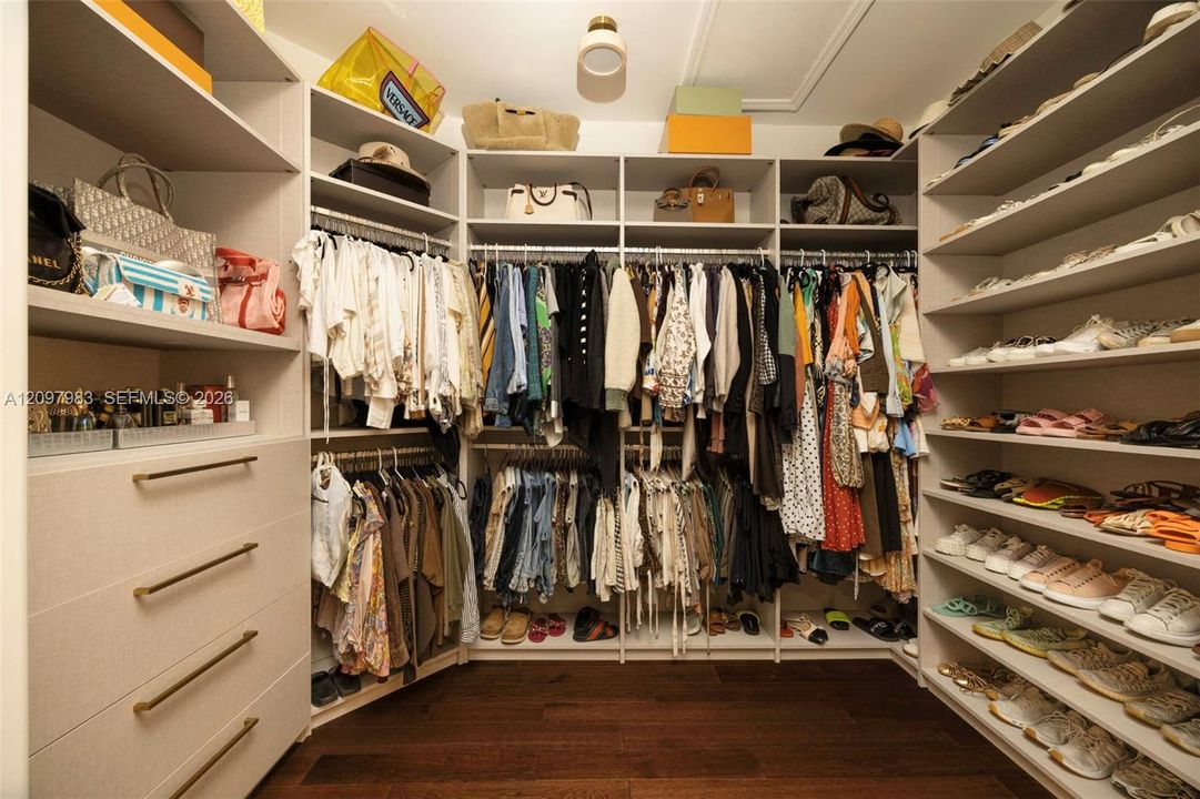 Custom walk-in closet featuring extensive built-in shelving, hanging rods, integrated drawer storage with brass-tone hardware, and wood-finish flooring