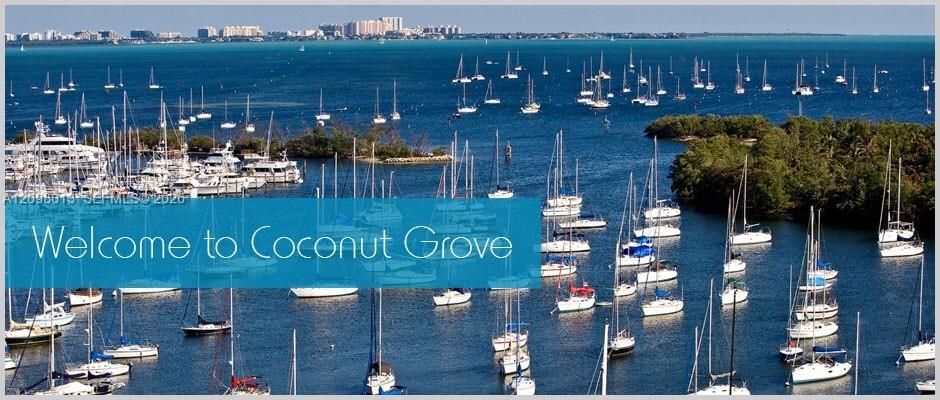 Aerial perspective of Coconut Grove waterfront featuring a marina with numerous docked vessels, sheltered bay waters, and lush island foliage