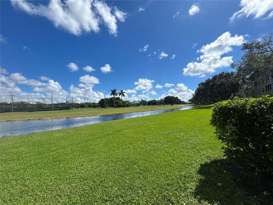 Expansive lawn area featuring a natural water element, manicured landscaping, and mature trees