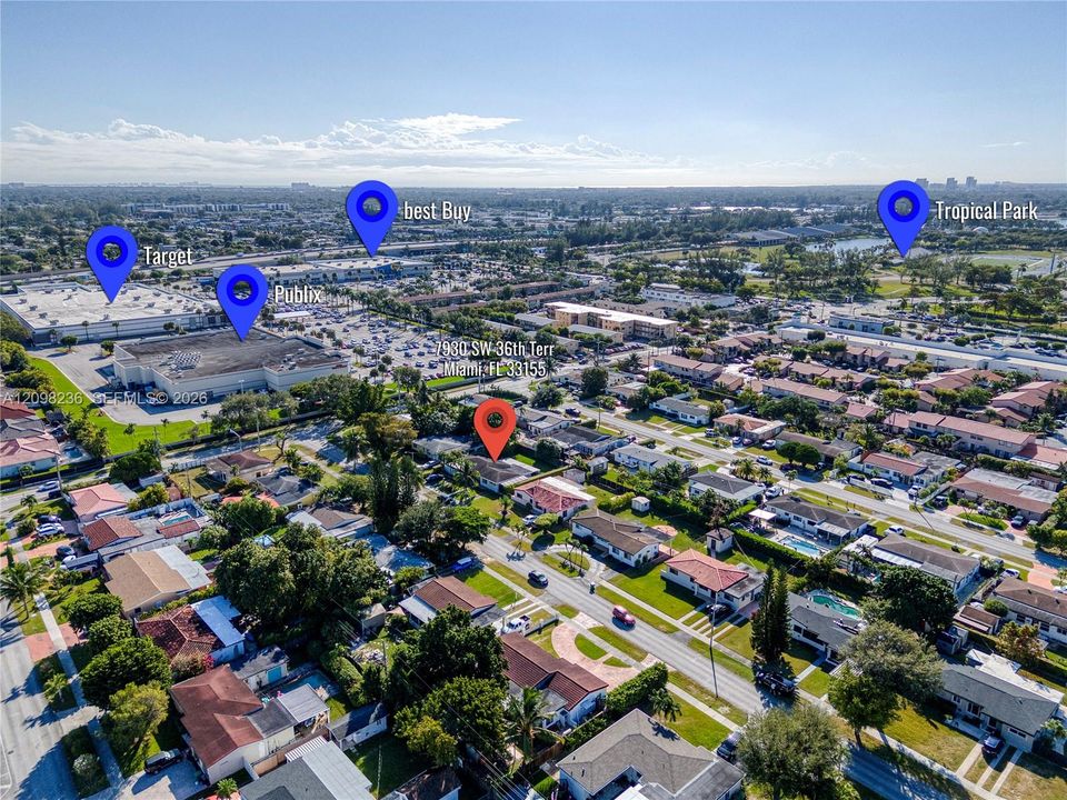 Aerial neighborhood view highlighting the property's convenient Westchester location.
