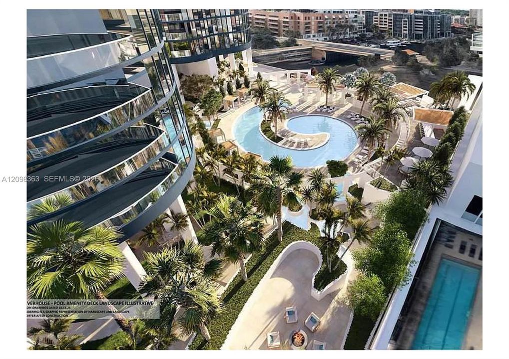 Expansive pool amenity deck featuring a spiral-shaped swimming pool, secondary lap pool, palm tree landscaping, and paved outdoor lounge areas