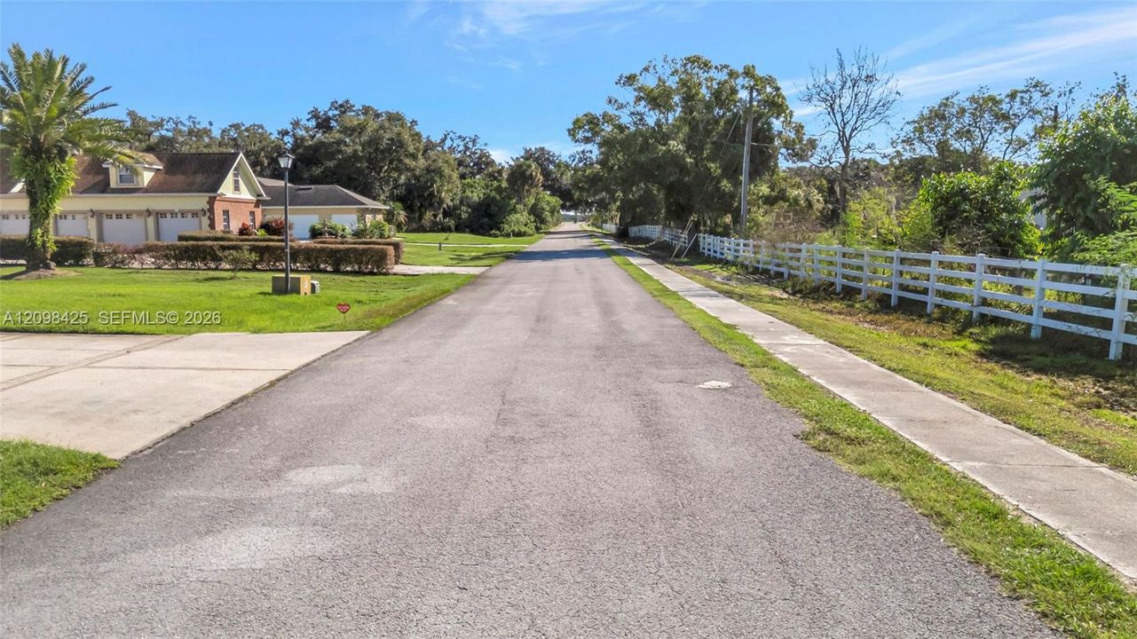 Asphalt street featuring concrete sidewalks, white rail fencing, and established mature trees