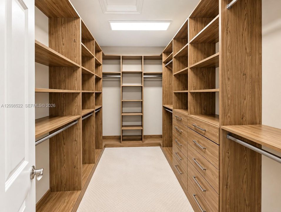 Walk-in closet featuring custom wood-finish built-in shelving, integrated dresser drawers with metallic hardware, multiple garment rods, and recessed overhead lighting