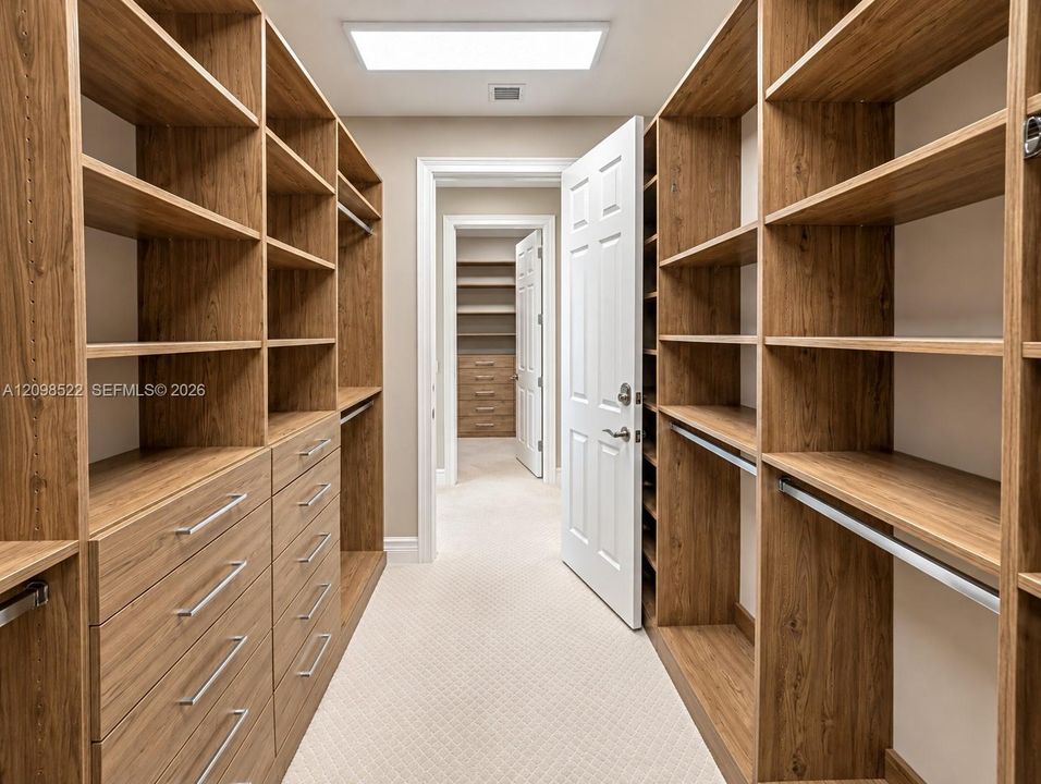 Custom walk-in closet featuring floor-to-ceiling wood-finish cabinetry, built-in shelving, integrated storage drawers, and recessed overhead lighting