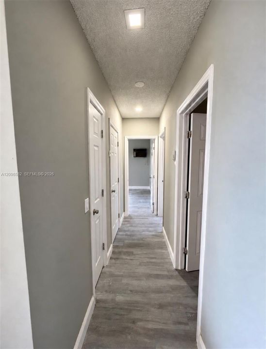 Interior hallway featuring wood-finish flooring, recessed lighting, and multiple interior paneled doors
