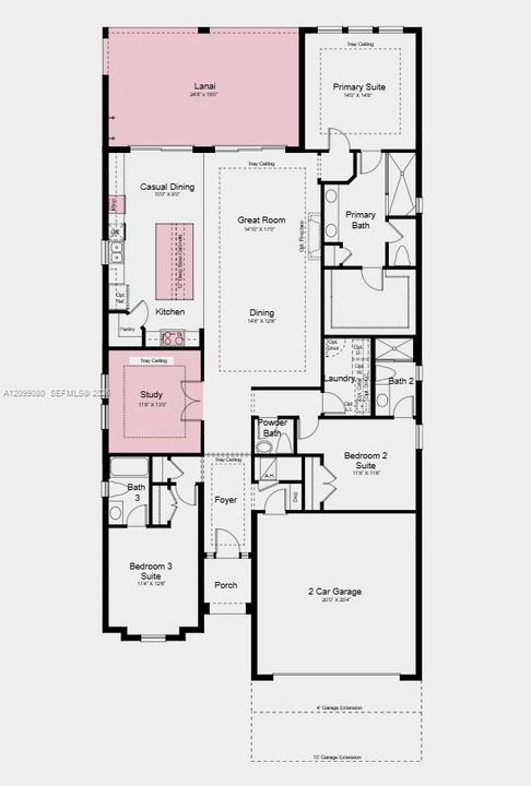 Floor Plan - Additional Highlights Include: Impact windows, tray ceiling package, 10' ceilings, 8' interior doors, outdoor kitchen rough-in, 80 AMP pool/spa prewire, 4' garage extension, and 42" upper cabinets at kitchen and laundry