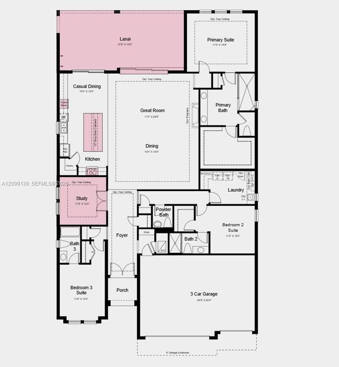 Floor Plan - Additional Highlights Include: gourmet kitchen, study in place of flex, extended lanai, tray ceiling package, 8' interior doors, 4' garage extension, rain shower head in primary bath, and pool and spa prewire