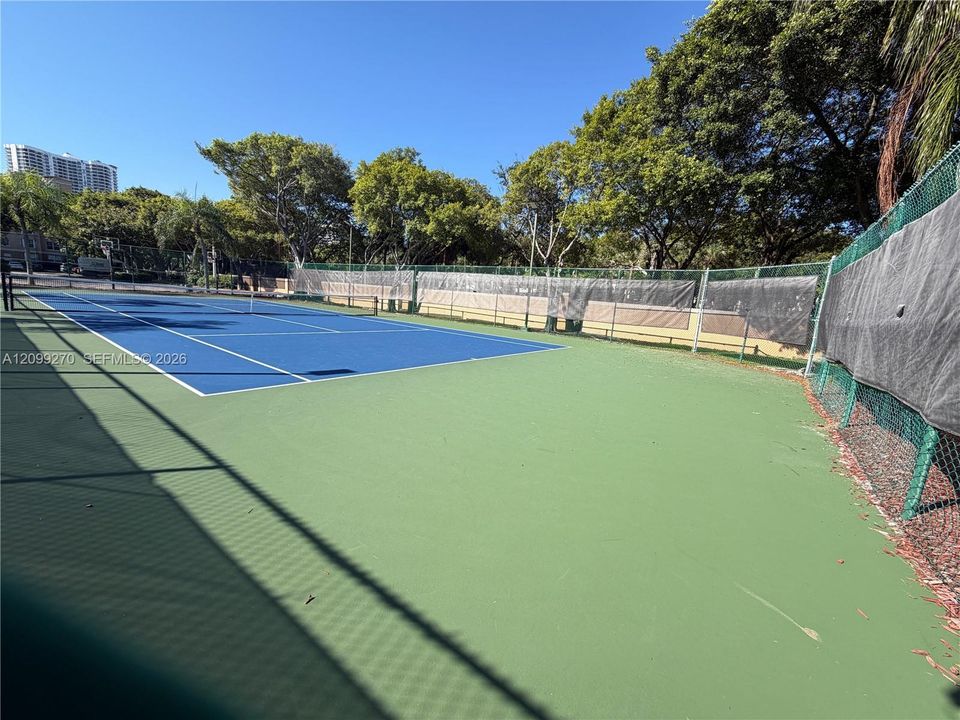 Tennis court with a blue hard surface, perimeter chain-link fencing, and privacy screening