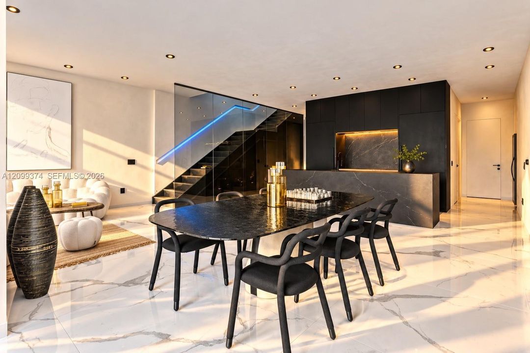 Dining area with contemporary architectural finishes