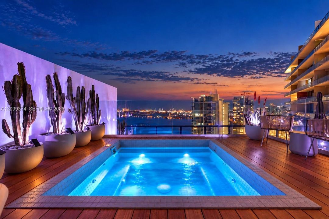 Rooftop Jacuzzi and skyline views at twilight