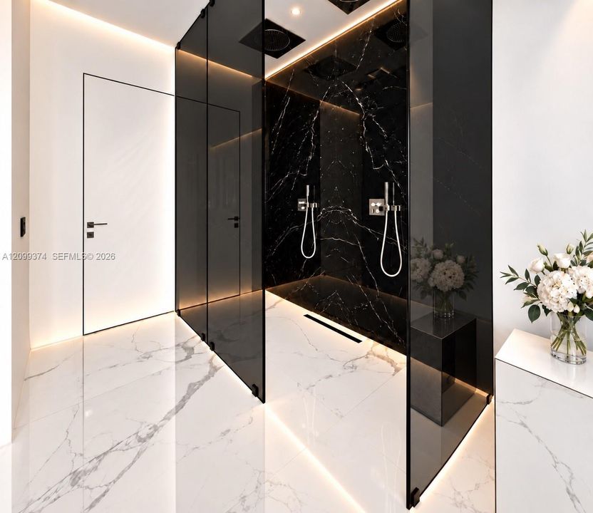 Black marble rain shower with ceiling-height glass
