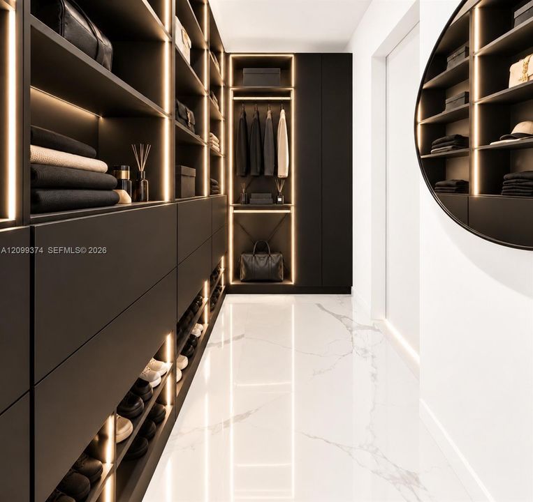 Custom walk-in closet with integrated lighting and storage