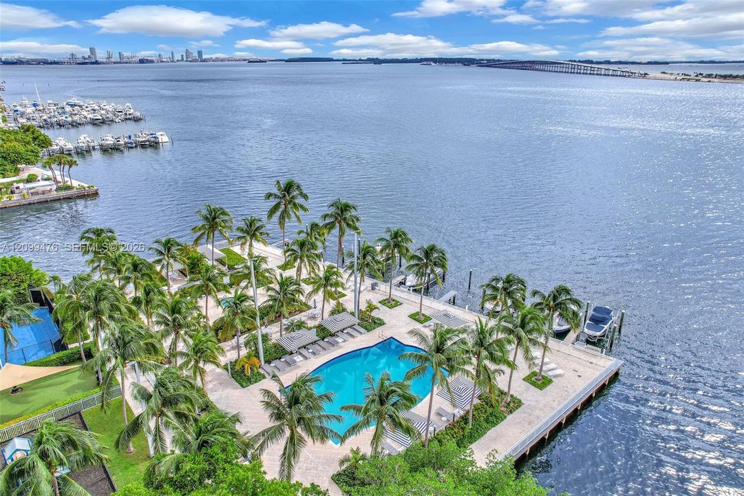 Waterfront grounds featuring a swimming pool, paved patio, private dock, and mature palm trees