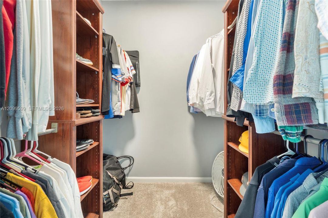 Walk-in closet featuring floor-to-ceiling wooden built-in shelving, integrated hanging rods, and neutral carpeting