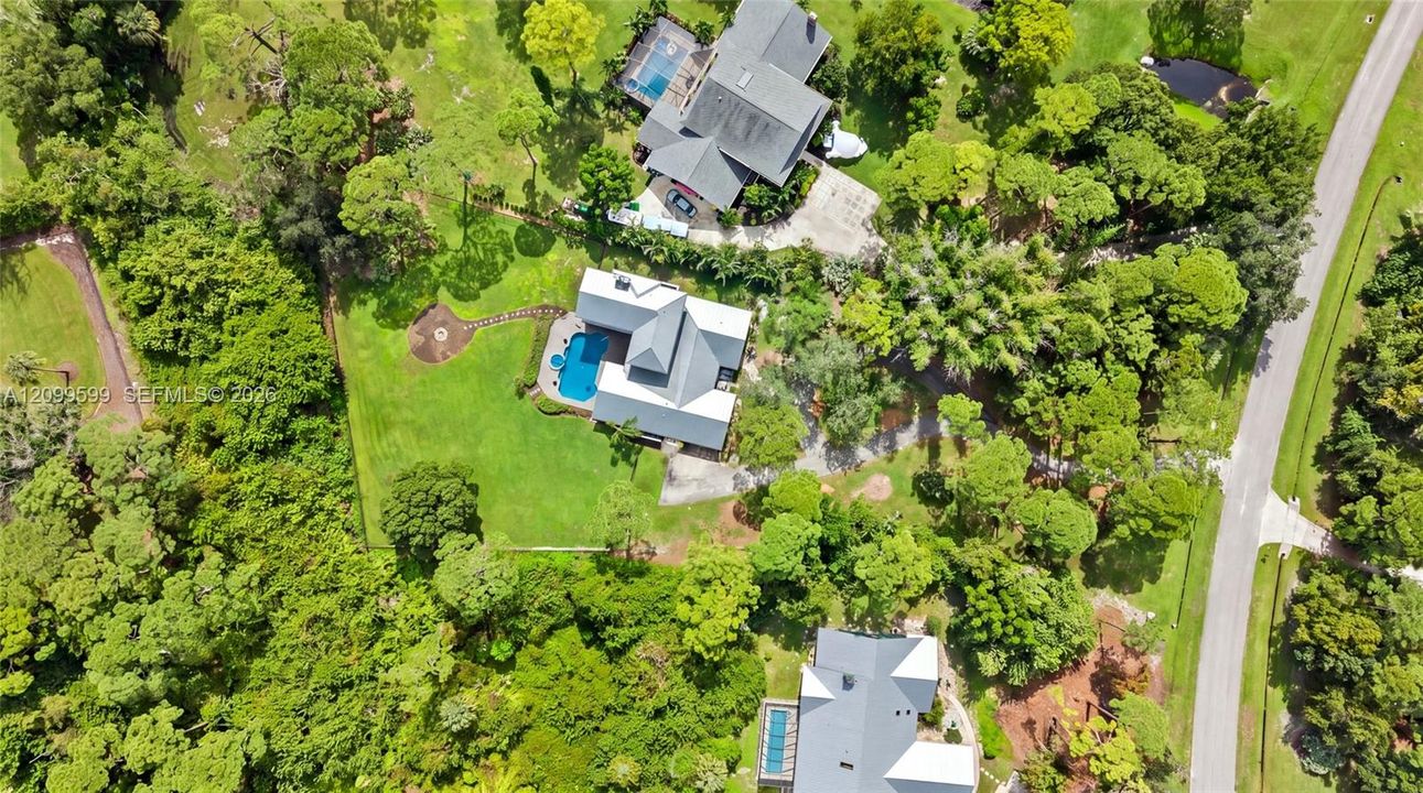 Aerial perspective of residential property featuring a metal roof, private swimming pool, concrete driveway, stone walkway, and expansive mature landscaping