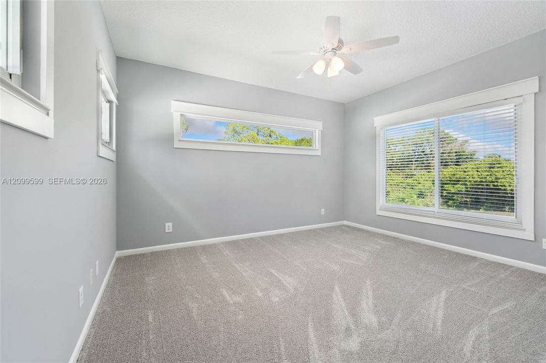 Neutral-toned walls with high-set horizontal windows, a large multi-pane window, wall-to-wall carpeting, and a ceiling-mounted fan with integrated lighting