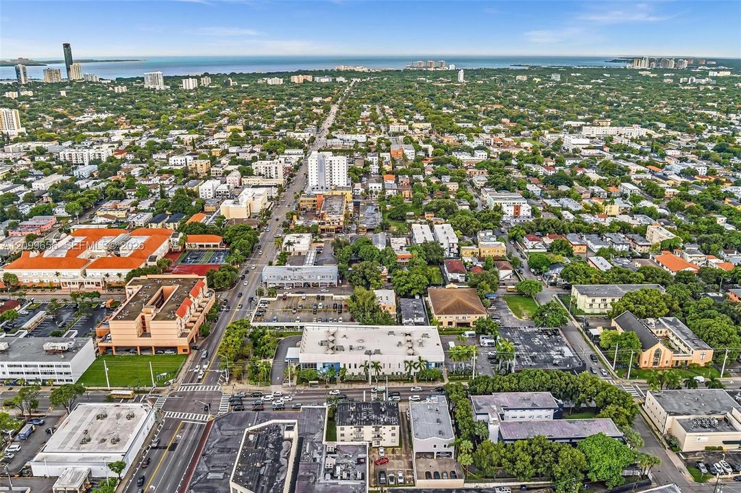 Aerial perspective of a developed urban area featuring diverse building types, mature tree canopy, and a visible body of water in the distance