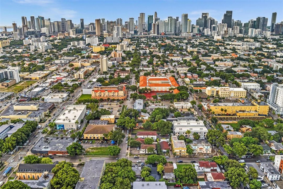 Urban landscape featuring a prominent cityscape in the background