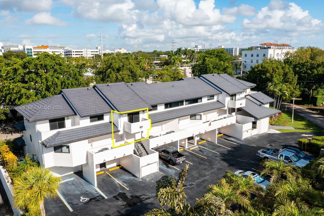 What an IMPRESSIVE BUILDING! Notice the yellow lines high-lite where unit 206 is located in the building! Notice that only 1 other unit in the building has a balcony like unit 206's! Beyond the roof line one can make out many of the buildings that are on the University of Miami's campus! That is how close you are to campus & numerous restaurant/shopping possibilities!