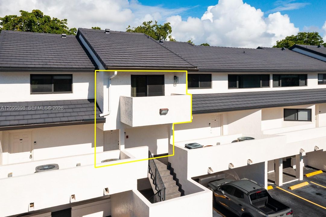 Notice that yellow line "high-lites"  showing unit 206 & the front door is just to the left of the staircase. You see the balcony off the Primary Bedroom on the second floor looking South to South East at "tree-top" level over a QUIET RESIDENTIAL NEIGHBORHOOD!  5750 Turin St, a small boutique Building with only 13 units and was built in 1988! Only 1 block From University Shopping Center and the "University Metro-Rail Station"  and only 2 blocks away from University of Miami's main campus!!