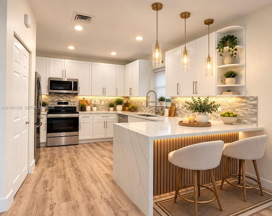 Kitchen featuring white shaker-style cabinetry, a quartz countertop island with vertical slat detailing, stainless steel appliances, a linear-tile backsplash, and glass pendant lighting