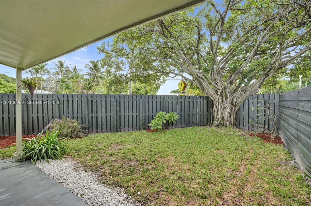 Private outdoor space, fully enclosed and accessible from the front door by the living room.